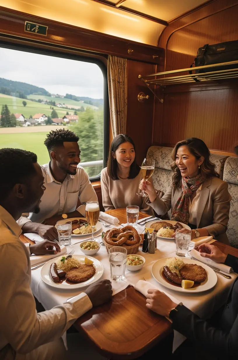 Zugreisende Familie genießt entspannt die Aussicht während einer Fahrt durch die bayerischen Alpen