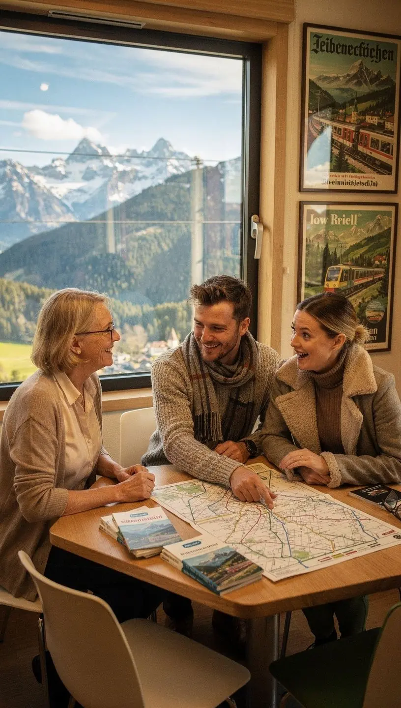 Beratungsgespräch in modernem Reisebüro mit Fokus auf Bahnreisen durch Deutschland